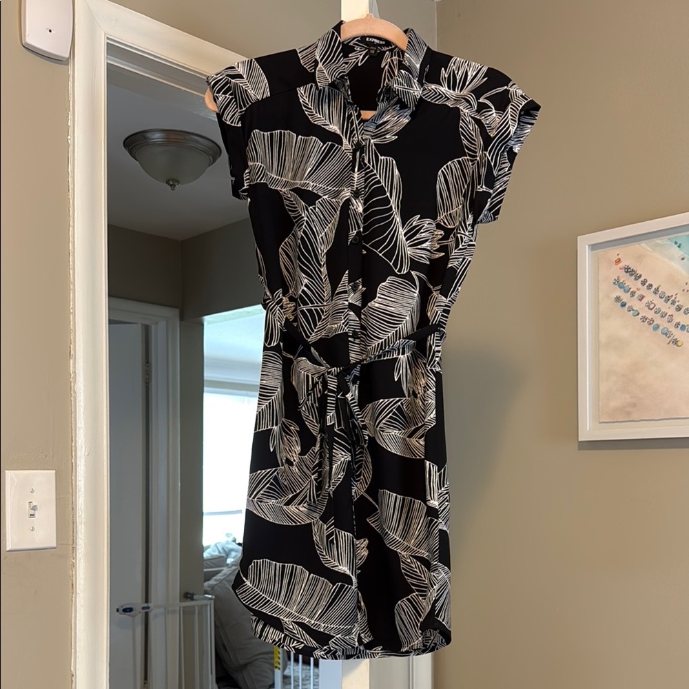 Black and White Button Down Leaf Print Dress